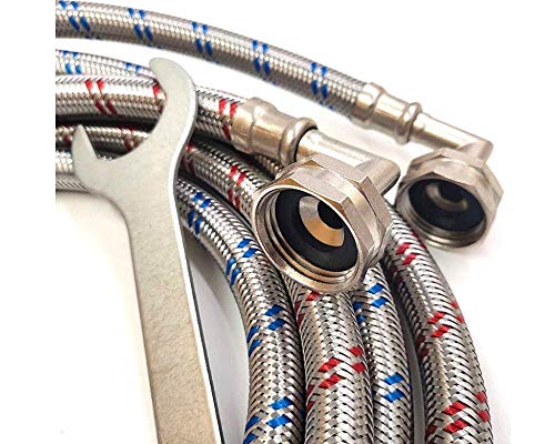 Washing Machine Hoses (4 Ft) - Double 90° Elbow To Fit Tight Spaces - Octagon Connections For Easy & Secure Tightening - Burst Proof Water Supply Line (2 Pack) - Universal Fit To All Wash Machines #TOP6