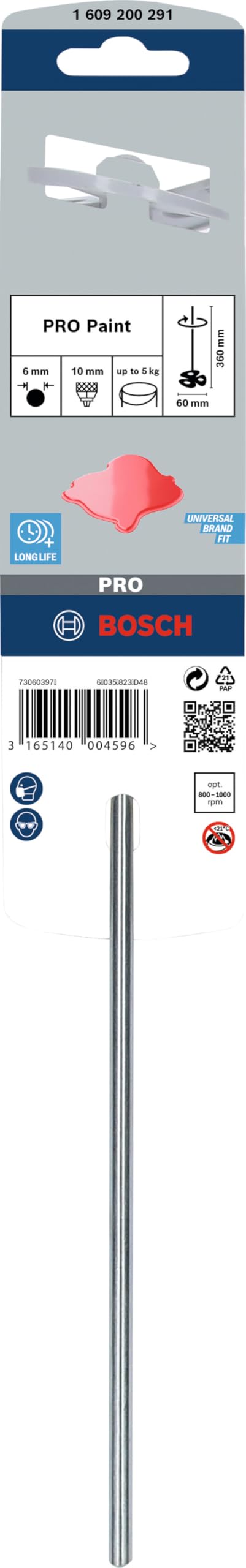 Bosch Professional Accessories 1609200291 boya karıştırma 60 mm şaft, 6 mm