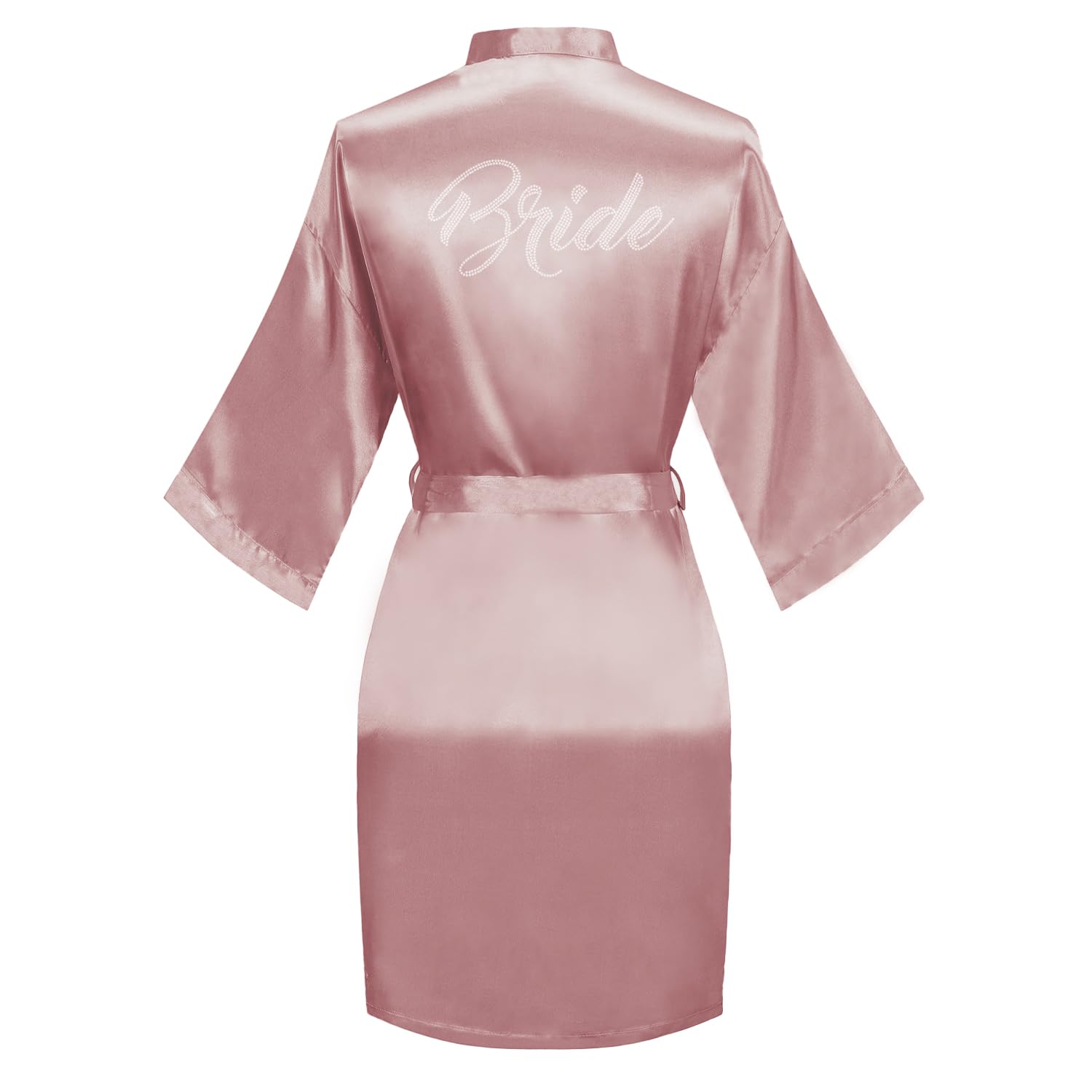 Women's Satin Robe Bride Bridesmaid Short Kimono Robes with Silver Rhinestones for Wedding Party Getting Ready
