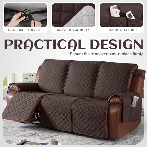Image of KinCam Waterproof Recliner Sofa Cover, Non-Slip Reclining Couch Covers for 3 Seat, Recliner Couch Cover Furniture Protector with Elastic Straps for Pets, Kids, Chocolate