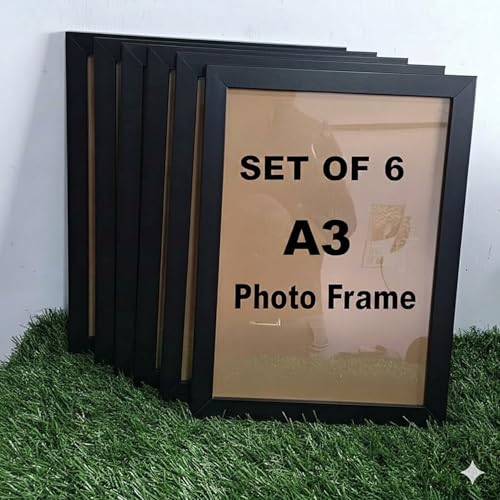 Image of Stuthi Arts Set of 6 A3 Size Photo Frames (11.69 x 16.54 inches) with Stylish Pattern, Wall Hanging Frames for Certificate, Photos and Art (6, Black A3)