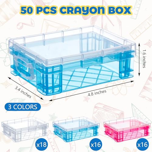 Image of Suzile 50 Pcs Plastic Crayon Box with Lid 4.8 x 3.4 x 1.6 In Crayon Storage Containers Bulk for Office School Classroom Supplies Pen Pencil Art Crafts(Clear,Red,Blue)