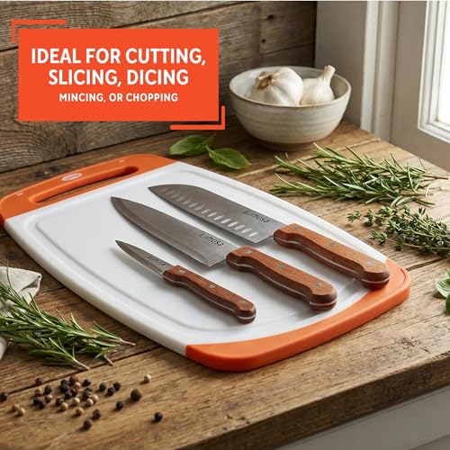 Set de 4 piezas de cuchillos y tabla de cortar IMUSA | Acabado natural en acero inoxidable, mangos ergonómicos de madera, ideal para picar y rebanar, excelente para familias y nuevos propietarios de vivienda miniatura 7