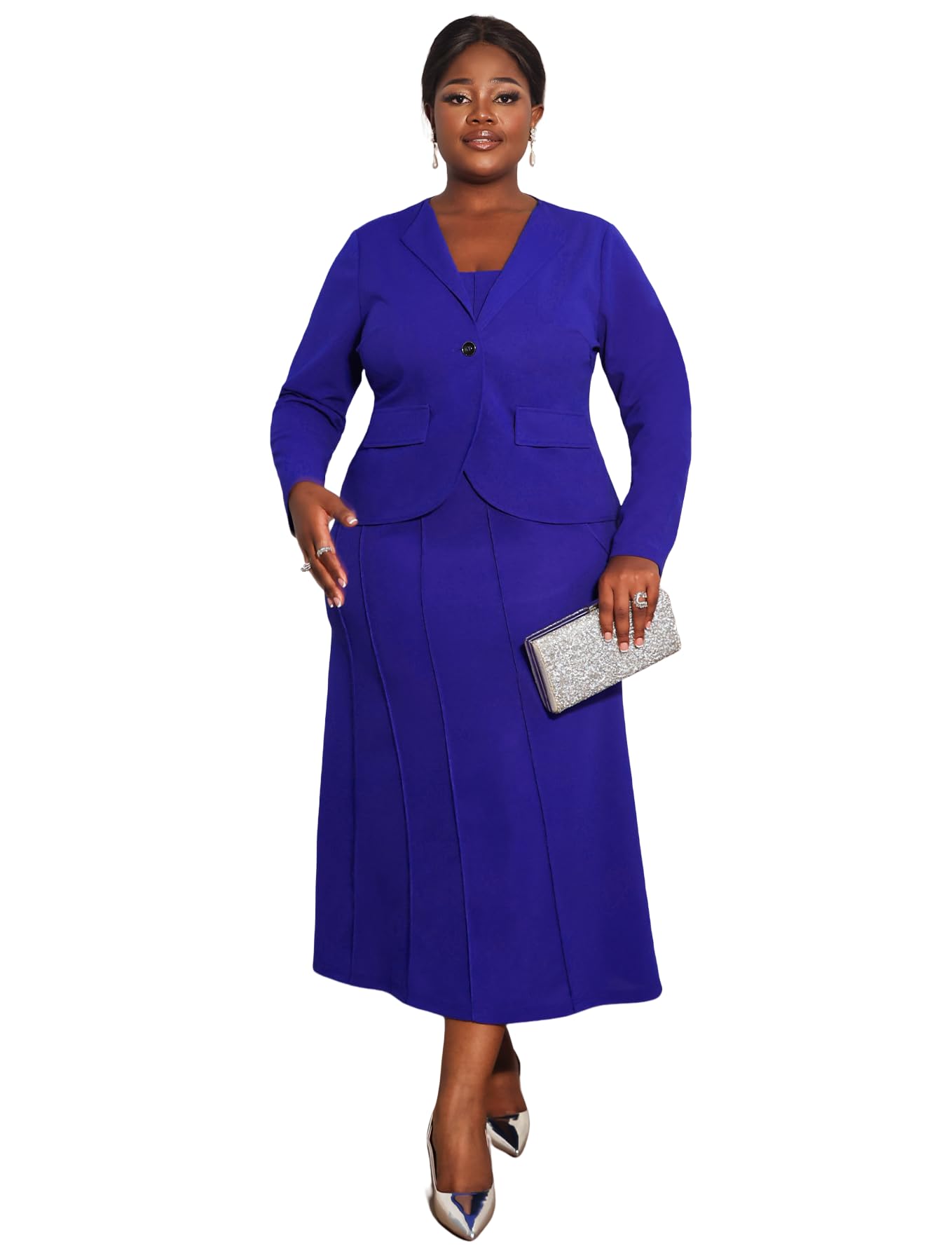 AOMEI Plus Size 2 Piece Dress Suits for Women Long Sleeve Blazers Jackets Spaghetti Strap Dress Sets Formal