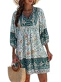 Picture of Qearal Womens Casual V Neck 3/4 Sleeve Boho Floral Printed Loose Short Mini Summer Beach Dress, Blue, Medium