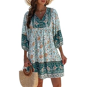 Qearal Womens Casual V Neck 3/4 Sleeve Boho Floral Printed Loose Short Mini Summer Beach Dress