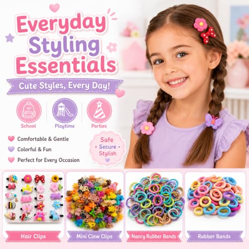 Image of 170 Pcs Hair Accessories for Kids Girls | Cute Baby Hair Clips, Rubber Bands, Nancy Bands & 40 Mini Claw Clips Combo | Hair Accessories for Baby Girl | Kids Hair Clips Set | Mixed Designs