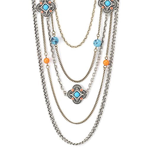 Womens Jewelry Long Silver Multi Chain Necklace Turquoise And Coral Bead Necklace Boho Style (36" Long) And Earring (4" Long) Set #TOP2