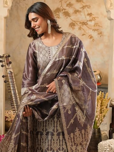 Image of INDO ERA Women's Purple Silk Blend Woven Design Straight Kurta and Pant with Dupatta Set (IESTR5599)