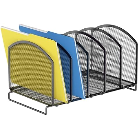 MINDEPOT Desk File Organizer Mail Holder Organizer, 5 Sections Upright Mesh Desktop Organizer File Sorter Office Organization Letter Holder for Home Office School, Black Cover