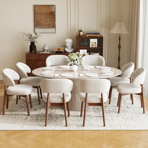 Image of MALOL 47 inch-63 inch Extendable Round to Oval Dining Table Chairs Set for 4-8, Modern Wooden Kitchen Table and Chairs with Hidden Storage and Fluted Design for Dining Room /Small Space(White and Beige)