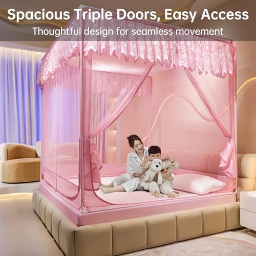 Image of Dawnwake Mosquito Net, Anti-Fall Mosquito Neting Bed for Babies /Adult /Outdoor,Portable Foldable Travel /Camping Mosquito Net Tent, Suit for Queen Size Bed (Pink, 200 * 150cm)