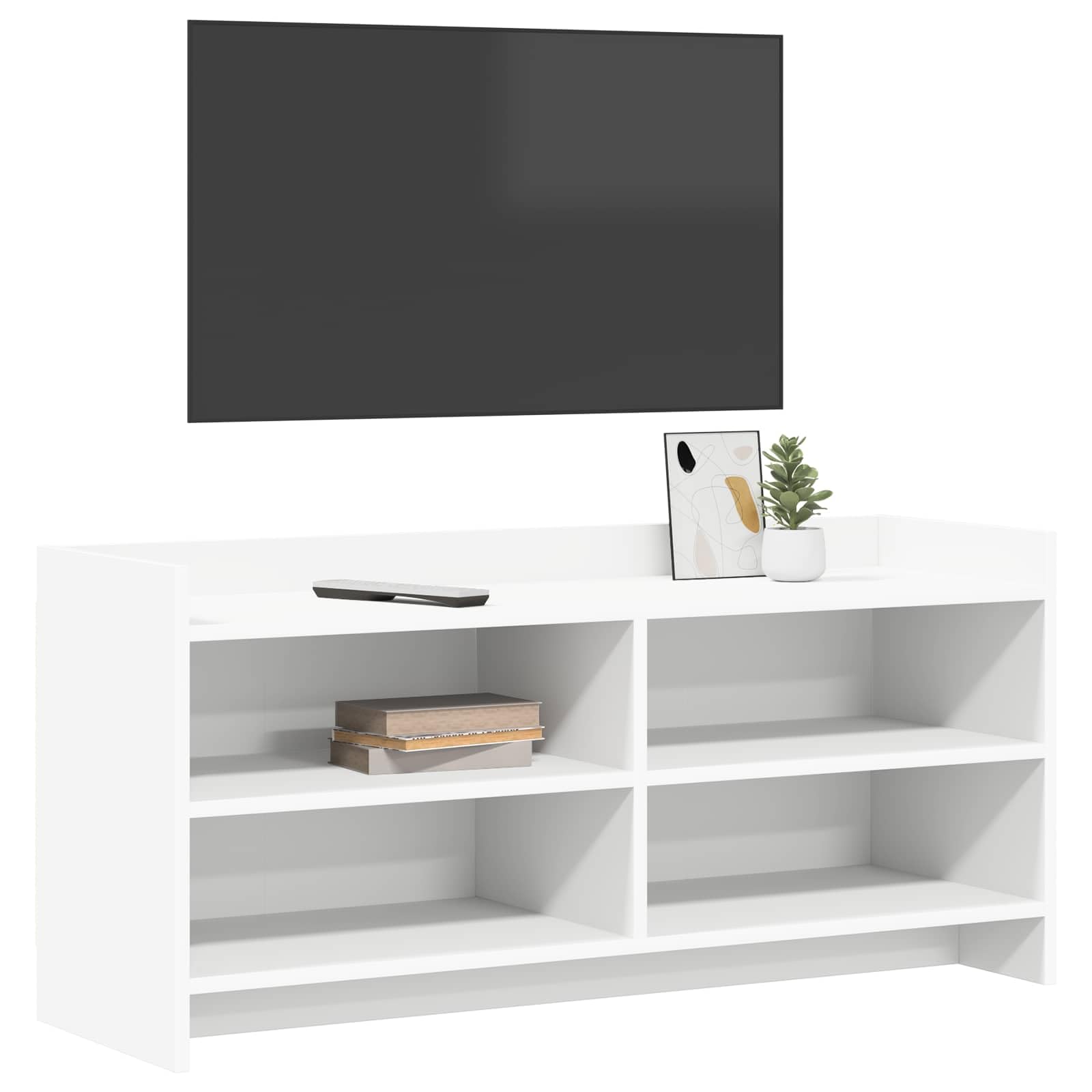 Mueble de TV moderno de madera blanca 100 x 33 x 47 cm con mucho espacio de almacenamiento y estantería, ahorra espacio para sala de estar, dormitorio, rincón de juegos, gestión de cables
