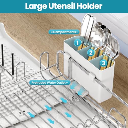Image of TOOLF Expandable Dish Rack, Dish Drying Rack for Kitchen Counter, Foldable Dish Dryer Rack, Stainless Steel Dish Drainer Racks with Cutlery Holder, Collapsible Dish Drying Racks Large Size, White