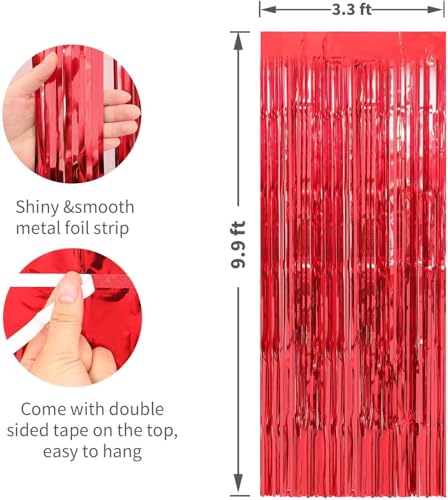 Image of Crosize 8 Pack 3.3 x 9.9 ft Red Foil Fringe Curtains Party Decorations, Tinsel Curtain for Birthday Bachelorette Valentines Day Graduation Parties, Door Streamers