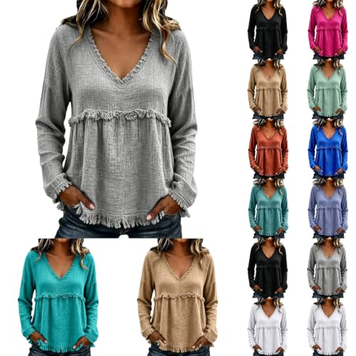 Boho Tops for Women Long Sleeve Flowy Frayed Trim Vintage Tunic Shirts - image 1
