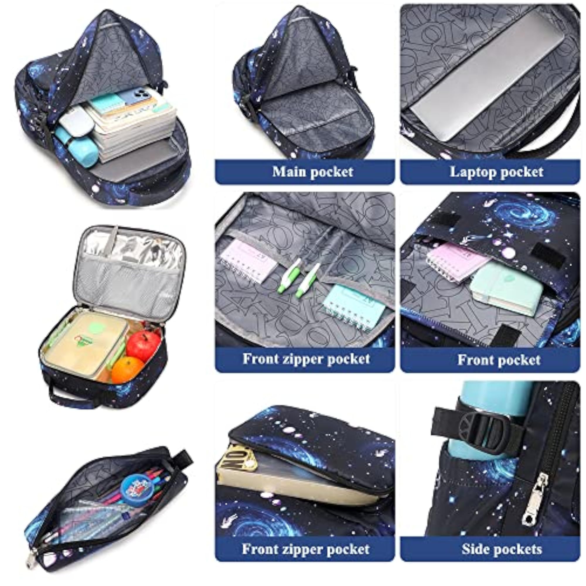 Galaxy Backpack for Boys with Lunch Box Set, 3Pcs