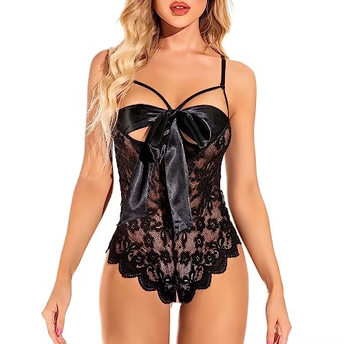 LEBENSWERT Sexy Dessous Set Damen Unterwäsche mit Schleife Seidenband Transparent Spitze für Sex Reizwäsche Outfit Verstellbare Erotische Bodysuit (Style A - Schwarz)