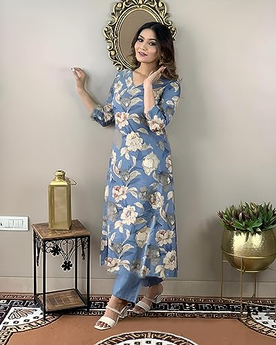 Image of GoSriKi Women's Cotton Blend Printed Kurta with Pant