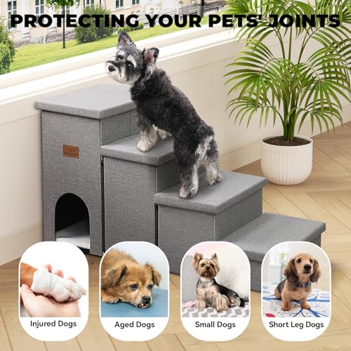Image of Zerbuger Dog Stairs 23 inch H, 4-Step Wider Dog Steps for High Beds Window, Folding Storage Pet Stairs Gift for Small /Medium /Large Old Dogs Cats, Ramp for Climbing Car Up to 200 lbs (Gray, with Condo)
