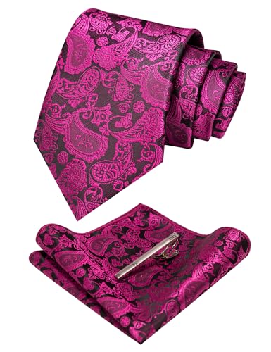 Image of JEMYGINS Mens Solid Color Paisley Necktie and Pocket Square with Tie Clip Sets
