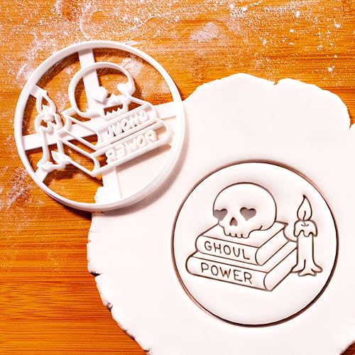 BAKERLOGY Ghoul Power Cookie Cutter – Feminist Skull and Spellbook Biscuit Embosser, Witchy Fondant Stamp for Halloween Baking, Pagan Crafts and Magical Occasions