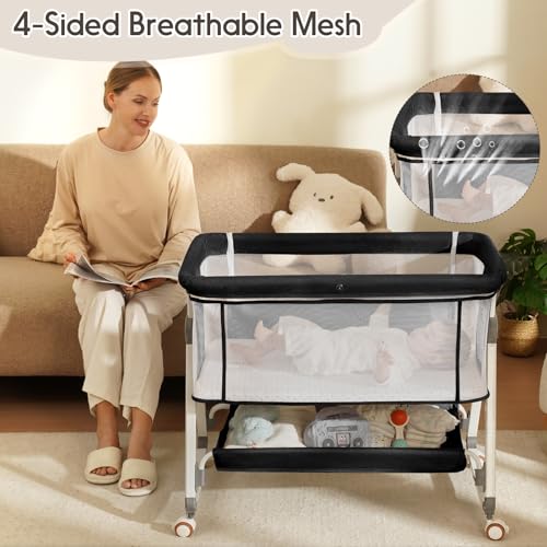 KOLOIO 3 in 1 Bedside Bassinet for Baby, Easy to Assemble & Portable Bedside Crib for Newborns with Storage Basket, Lockable Wheels & Breathable Mattress, 6-Position Height Adjustment — view 3