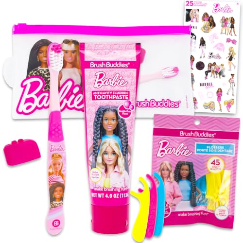 Barbie Oral Care Traveling Kit for Kids - Bundle with Toothbrush with Cover Toothpaste Floss Pack Travel Bag and More for Girls Toddlers | Barbie Toothbrush Set
