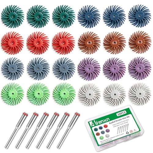 Aienxn 30PCS 1" Radial Bristle Disc Kit with 3mm Shank for Rotary Tools, Detail Abrasive Wheel Grit 80-2500 for Jewelry Wood Metal Polishing, Bristle Wheel Q-114