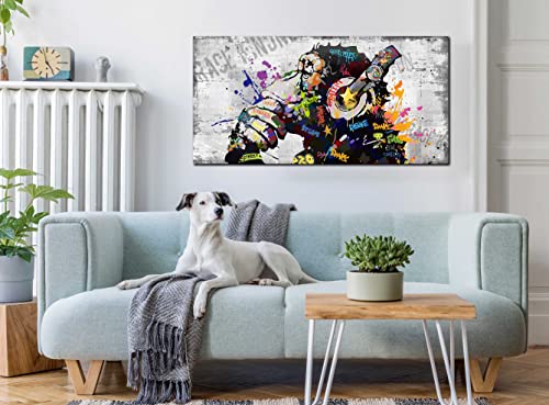 Large Canvas Wall Art Graffiti Gorilla With Headphones Picture For Living Room Bedroom Funny Wall Decor Ready To Hang Size 40" W X 20" H #TOP1
