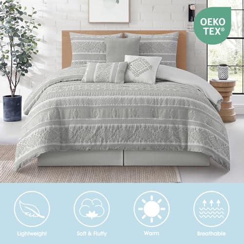Image of LANCO MODERN LIFESTYLE 7 Piece Queen Comforter Set, Grey, Elegant Jacquard with Patchwork, Stylish and Cozy Bedding Collection, Premium Bedding Set with Bedskirt, Shams and Pillows