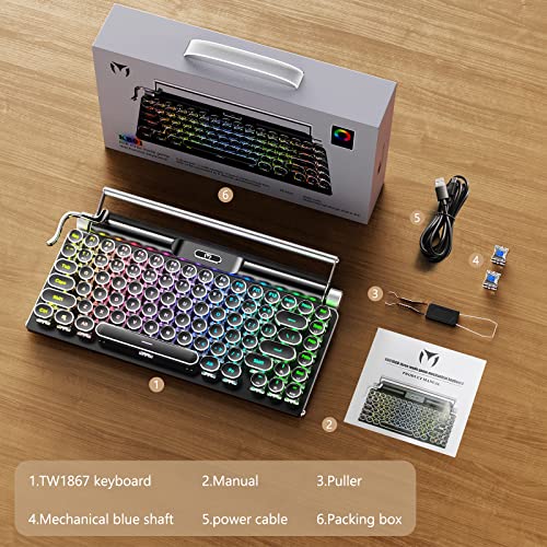Typewriter Mechanical Keyboard,Rgb Backlit,2.4G/Bt5.0/Wired Retro Vintage Keyboard,83 Keys Clicky Blue Switch Punk Round Keycaps,Muti-Device Keyboard With Cradle For Mac Os/Ios/Windows/Android #TOP6