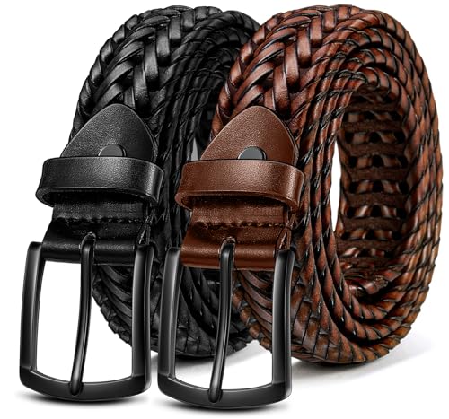 BULLIANT Men Belt 2Pack,Braided Woven Leather Belt For Men Golf Casual Jeans 1 3/8