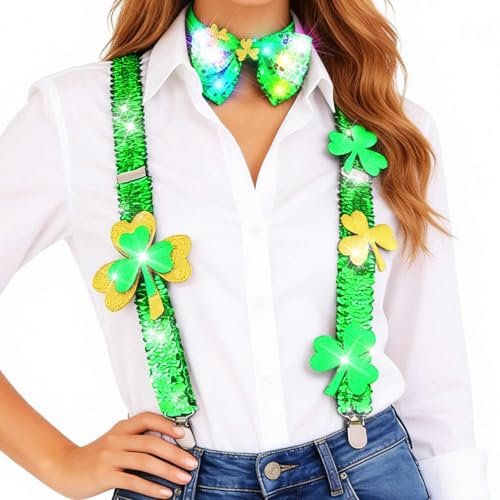 Nicute St Patricks Day Suspenders Light Up Sequin Suspenders Bowtie Set Sparkly Shamrock Irish Harness Accessories for Men and Women (Green-1)