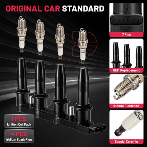Image of BDFHYK Ignition Coil Pack UF620 and Iridium Spark Plugs 4504 Compatible with Chevy Cruze 11-16 Sonic 12-18 Trax 13-17 Aveo Aveo5 09-11 Pontiac G3 Wave Suzuki Swift+ 1.6L 1.8L L4 Chevy Oem Coil Pack
