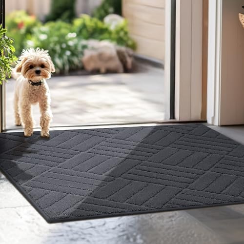 FEOMOS Tapete para puerta de interior, lavable a máquina, antideslizante, absorbente, de perfil bajo, para entrada, cocina, zapatos y patas, color gris, 60 x 90 cm