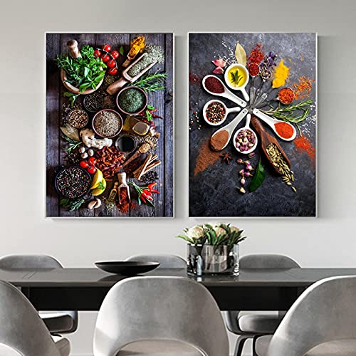 Imágenes artísticas de pared de cocina, pósteres e impresiones de cocina de especias y hierbas, pintura en lienzo para decoración de comedor en casa, 60x90cm (24x36in) x2 sin marco Cover