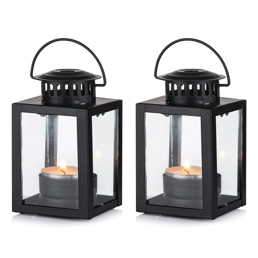 Comphic Black 2 Pcs Vintage Style Hanging Small Lanterns For Tealight Candle, Tea Light Holders