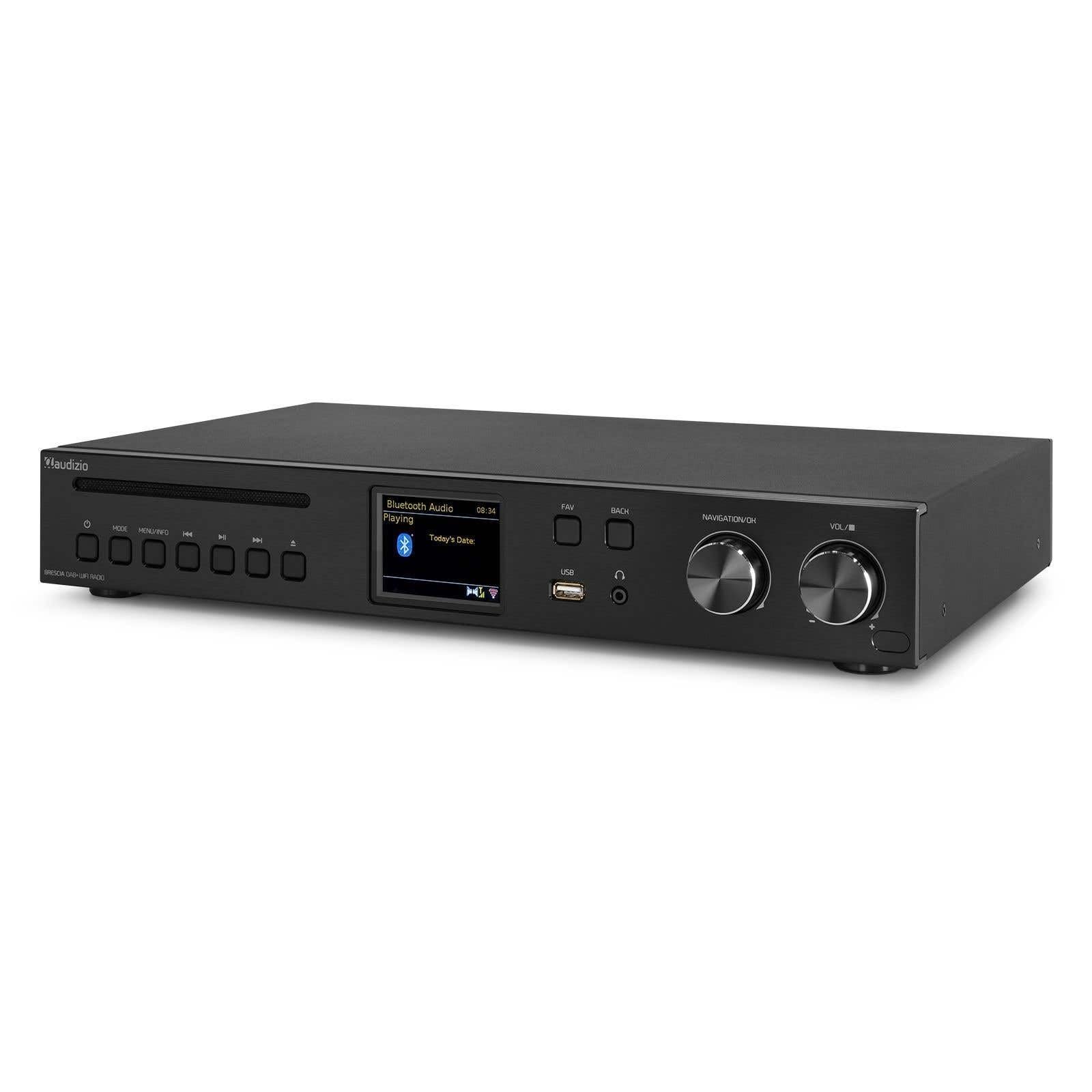 Audizio Brescia Amplificateur Hi-FI avec Radio Internet 120W - Noir, Radio Dab+/FM, Bluetooth 5.0, CD, MP3, USB, Entrée/Sortie RCA, 2 Sorties HP, Idéal pour Écouter Vos Musiques à la Maison