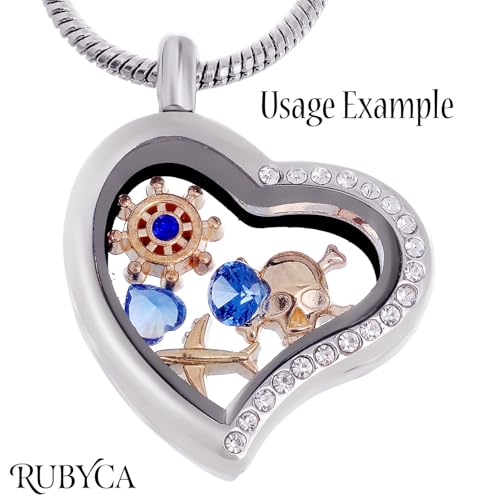 RUBYCA Living Memory Floating Charm Heart Glass Locket Pendant Necklace 20 Inches 1pcs Silver Color3
