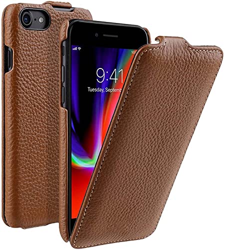 Étui vertical iPhone SE 2022 en cuir véritable marron luxe