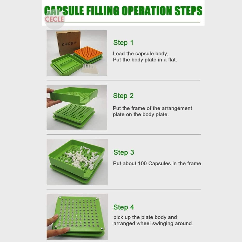 Llenadora Manual de Cápsulas, 100 Orificios, Tamaño 0, Bandeja para Cápsulas de Gelatina Vacías con Placa de Llenado de Polvo, Color Verde