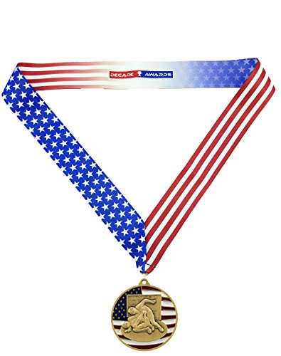 Decade Awards Wrestling Patriotic Medal, Gold - 2.75 Inch Wide First Place Medallion With Stars And Stripes American Flag V Neck Ribbon #TOP2