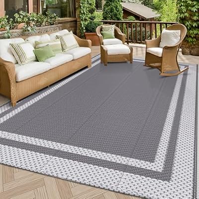 HappyTrends Outdoor Rug Reversible Portable Plastic Straw Camping Rugs for Outside RV,Large Waterproof Outdoor Area Rugs for Patio,Deck,Porch,Balcony(5'x 8',White&Gray)