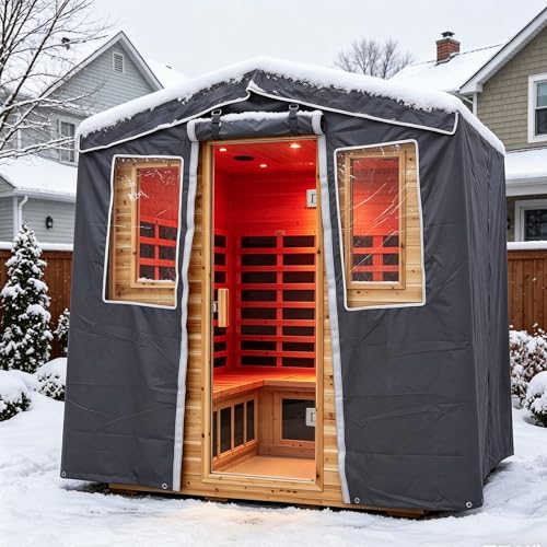 Image of LTCCDSS 5-Person Outdoor Sauna Cover, 3-Layer Oxford Cloth Waterproof Protector | Hook & Loop Roll-Up Door, Heat Retention & Dustproof, Fits Hillside Roof Sauna Within 81.1 * 60.6 * 83.5 Inch