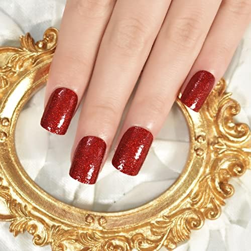 Coolnail Short Wine Red Press on False Nails Squoval Glitter Glue on Nails DIY Manicure Reusable UV Gel Cover Fake Acrylic Nail Art Tips