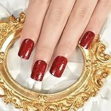 Coolnail Short Wine Red Press on False Nails Squoval Glitter Glue on Nails DIY Manicure Reusable UV...