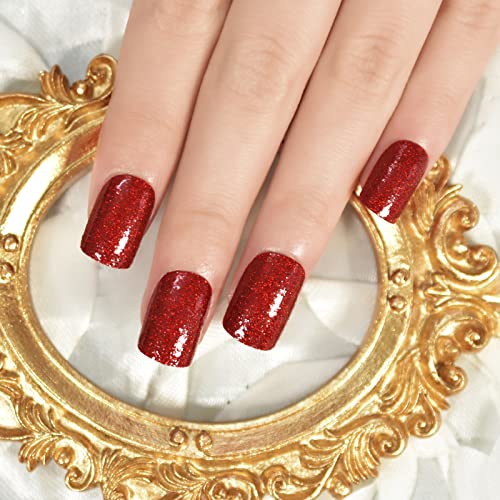 Coolnail Short Wine Red Press On False Nails Squoval Glitter Glue On Nails Diy Manicure Reusable Uv Gel Cover Fake Acrylic Nail Art Tips #TOP3