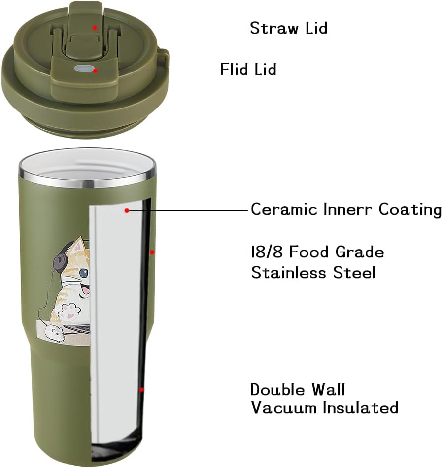 Funkrin Insulated Coffee Mug with Straw & Flip Lid, 24oz Tumbler Cup with Ceramic Coating, Double Wall Vacuum Leak-Proof Travel Mug wiht Tea Infuser for Office School Party Camping - Image 6