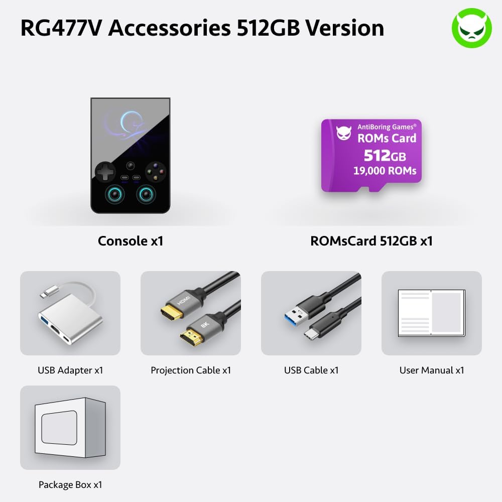 RG477V Retro Handheld Game Console with 19K+ ROMs Ready to Play 8+128GB+512GB 4.7-inch Touch Screen Dimensity 8300 Processor Android 14 WiFi 6E Bluetooth Gaming Handheld (Black-512GB)
